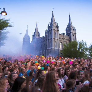 AI Generated image of a huge party outside LDS temple