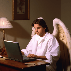 ai generated image of a latter-day saint angel chatting on a computer